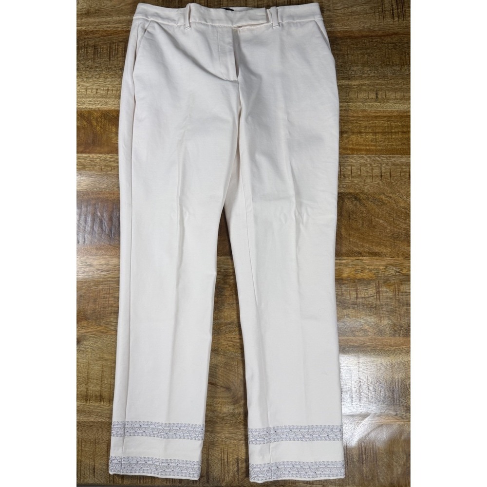 WHBM Straight Crop Pants Womens 4 Ivory Embellished Hem Stretch Career